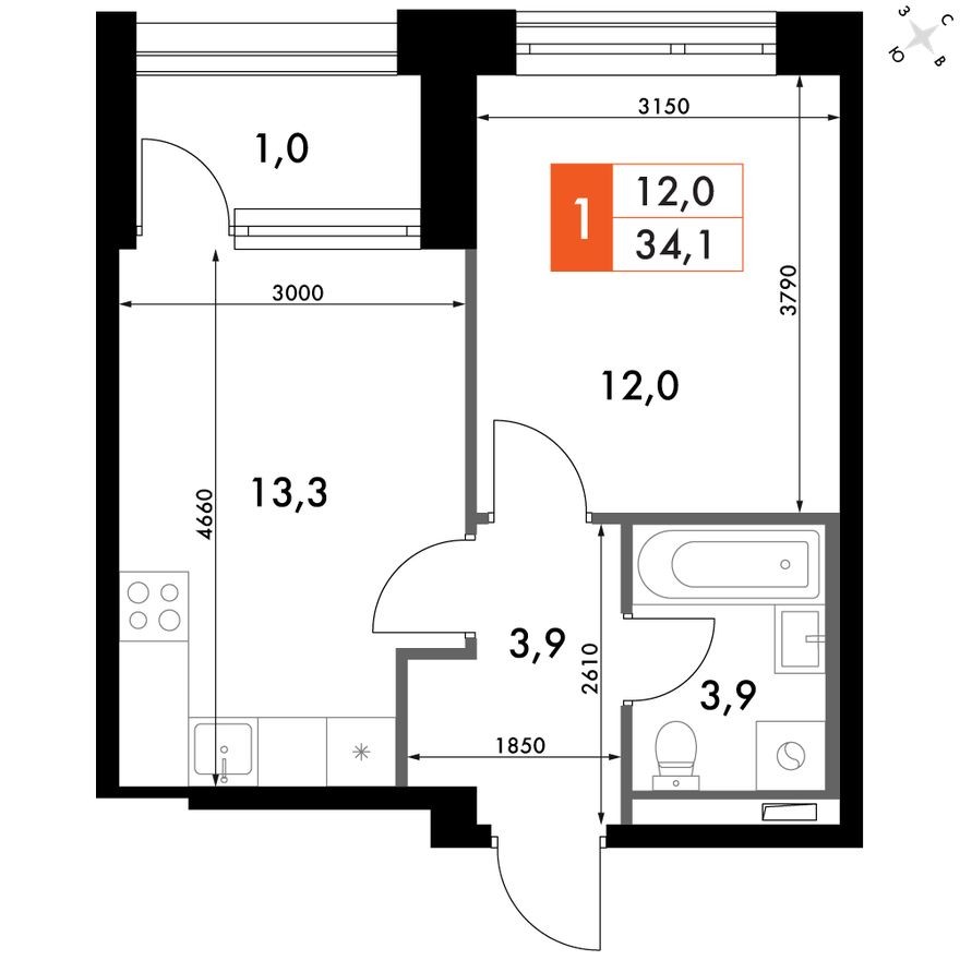 1к. квартира, 35.0 м²