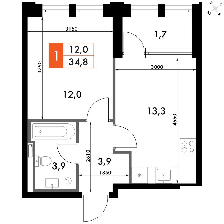 1к. квартира, 35.1 м²