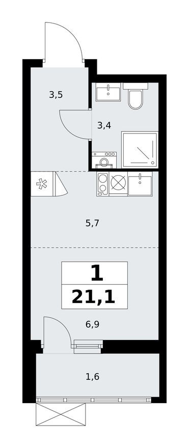 Студия-квартира, 21.1 м²