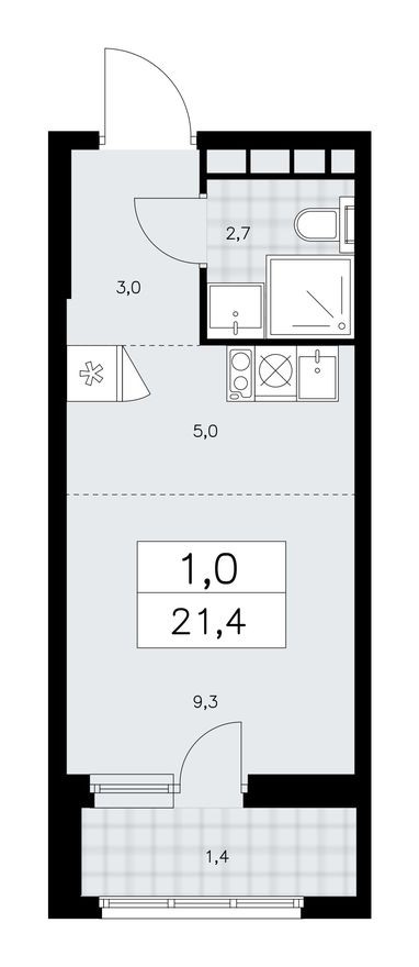 Студия-квартира, 21.4 м²