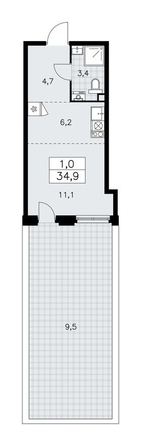 Планировка — Студия-квартира, 34.9 м²