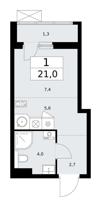 Студия-квартира, 21.0 м²