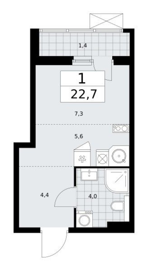 Студия-квартира, 22.7 м²