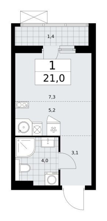 Студия-квартира, 21.0 м²