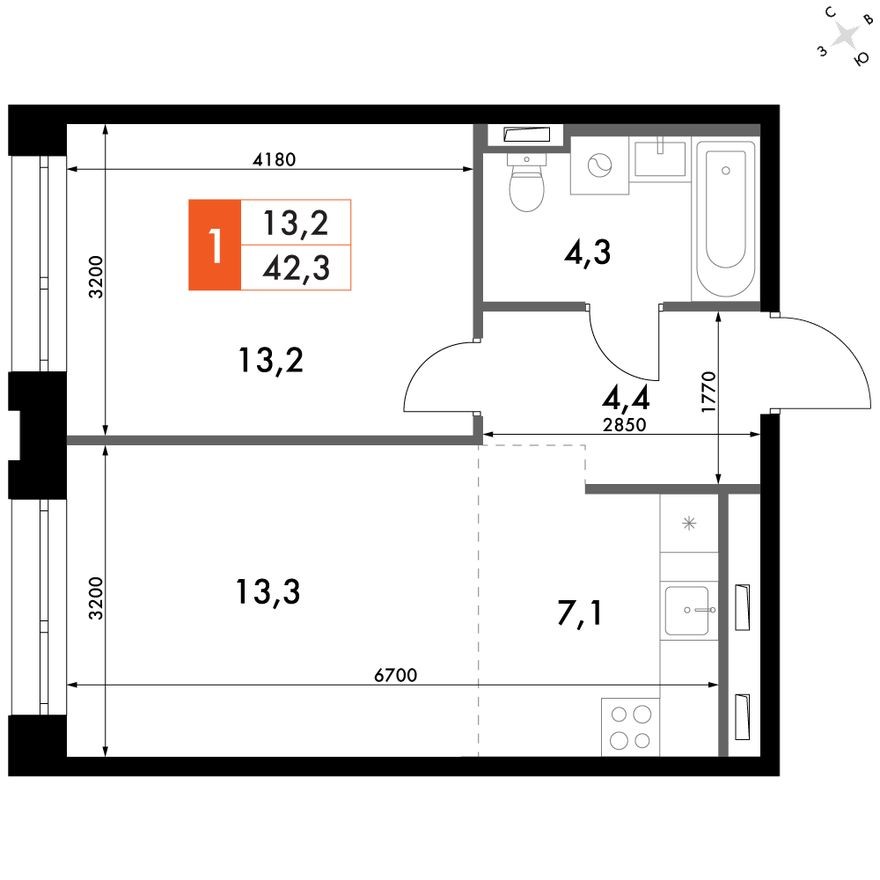 1к. квартира, 43.3 м²