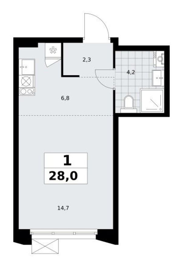 Студия-квартира, 28.0 м²