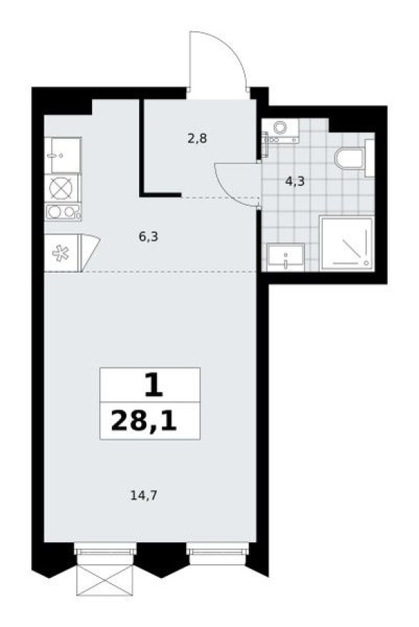Студия-квартира, 28.1 м²