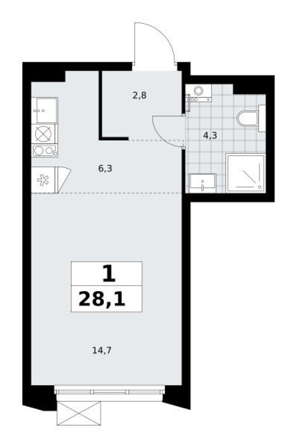 Студия-квартира, 28.1 м²