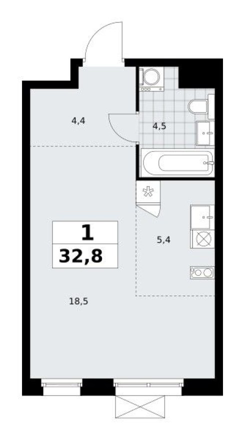 Студия-квартира, 32.8 м²