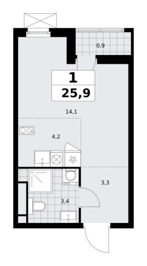 Студия-квартира, 25.9 м²