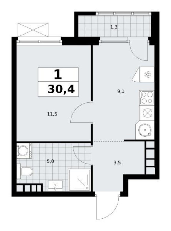 1к. квартира, 30.4 м²