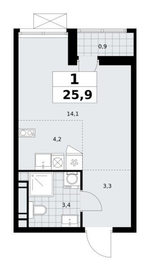 Студия-квартира, 25.9 м²