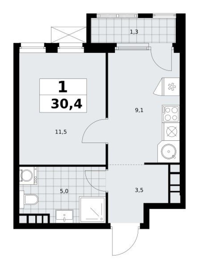1к. квартира, 30.4 м²