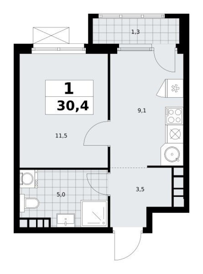 1к. квартира, 30.4 м²