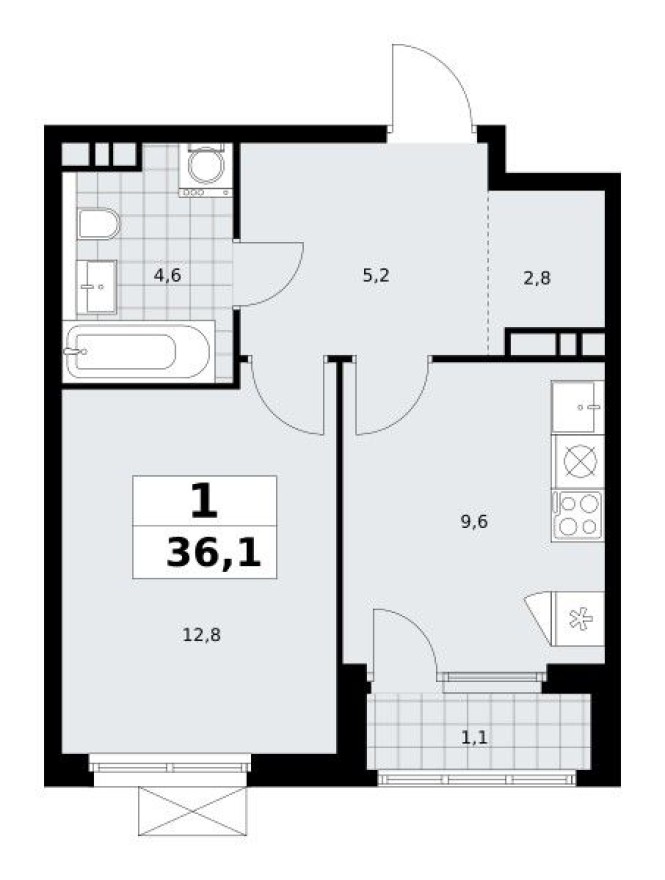 1к. квартира, 36.1 м²