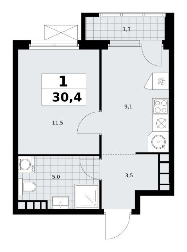 1к. квартира, 30.4 м²