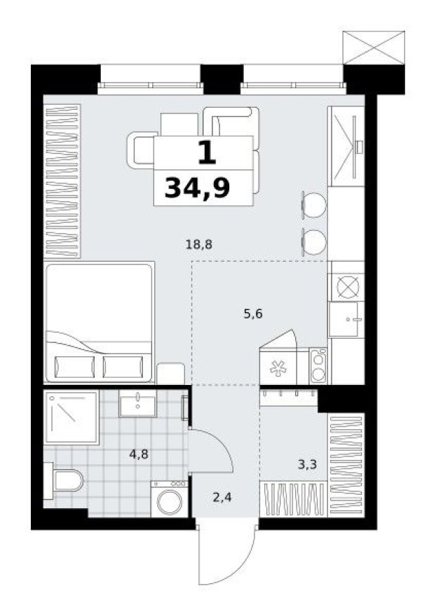 Студия-квартира, 34.9 м²