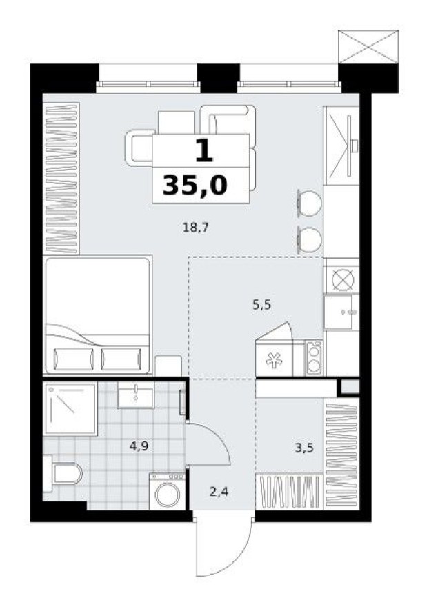 Студия-квартира, 35.0 м²