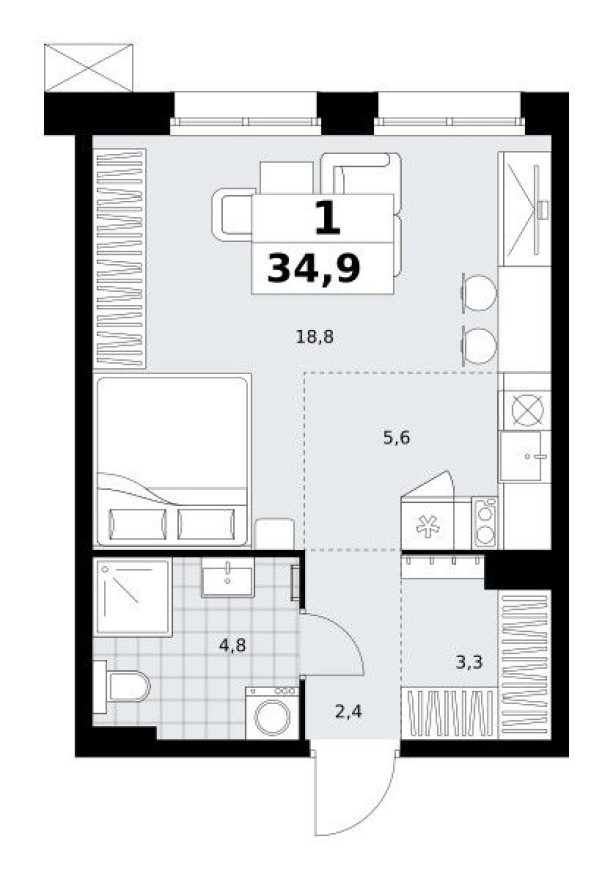 Студия-квартира, 34.9 м²