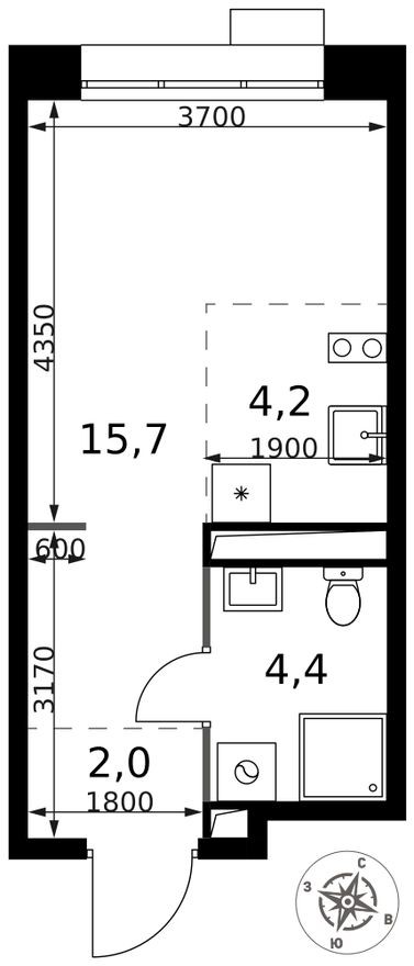 Студия-квартира, 26.3 м²
