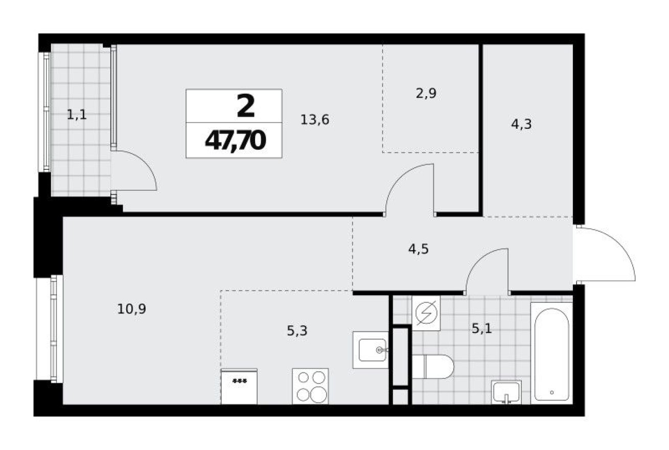 2к. квартира, 47.7 м²