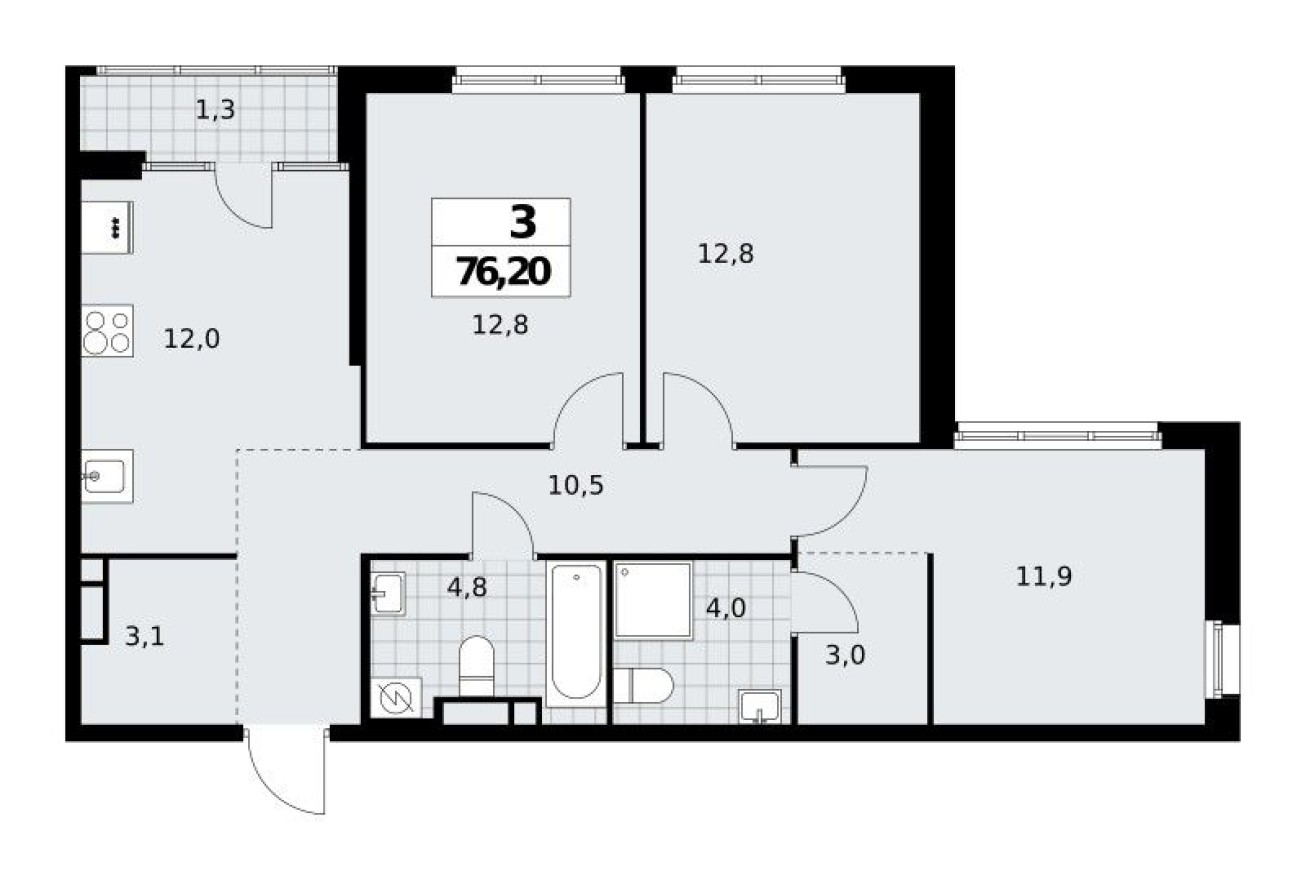 3к. квартира, 76.2 м²