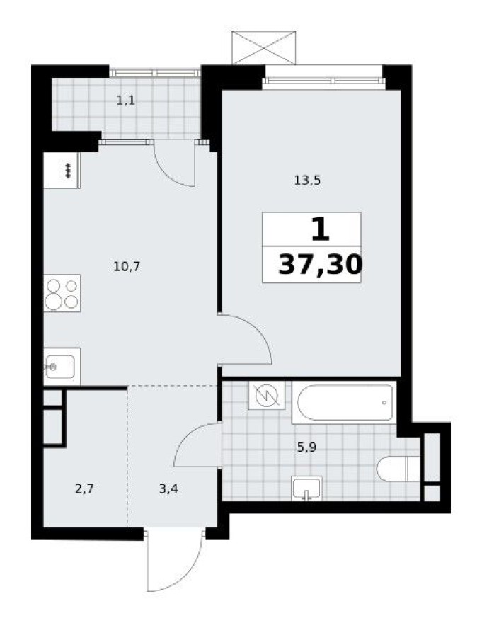 1к. квартира, 37.3 м²