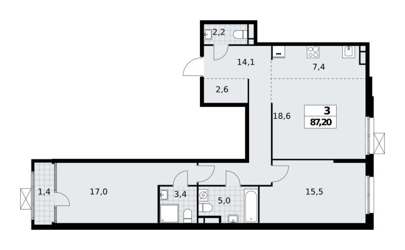 3к. квартира, 87.2 м²