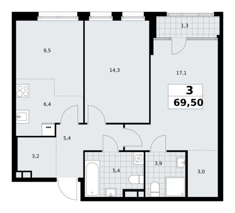 3к. квартира, 69.5 м²