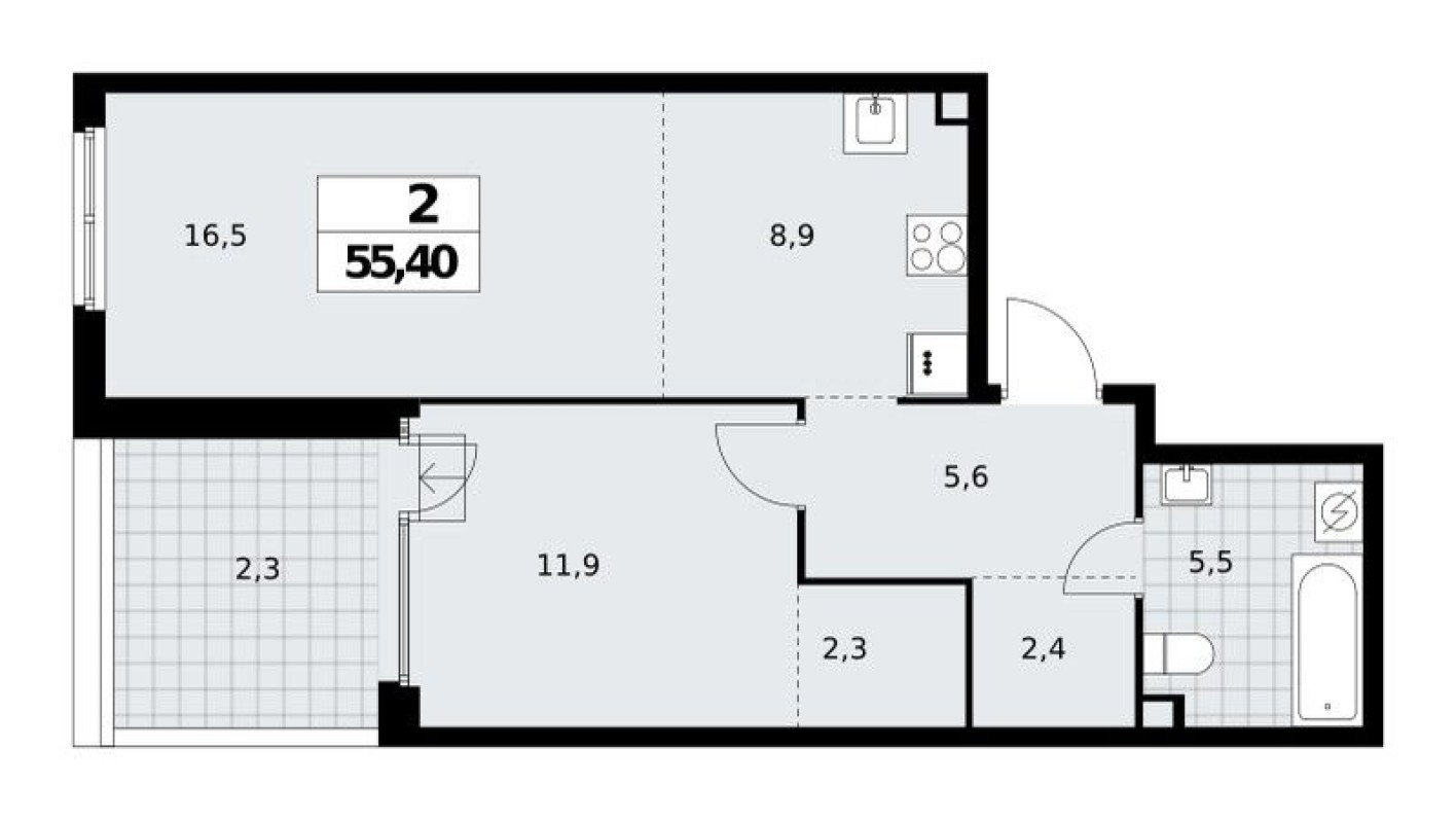 2к. квартира, 55.4 м²