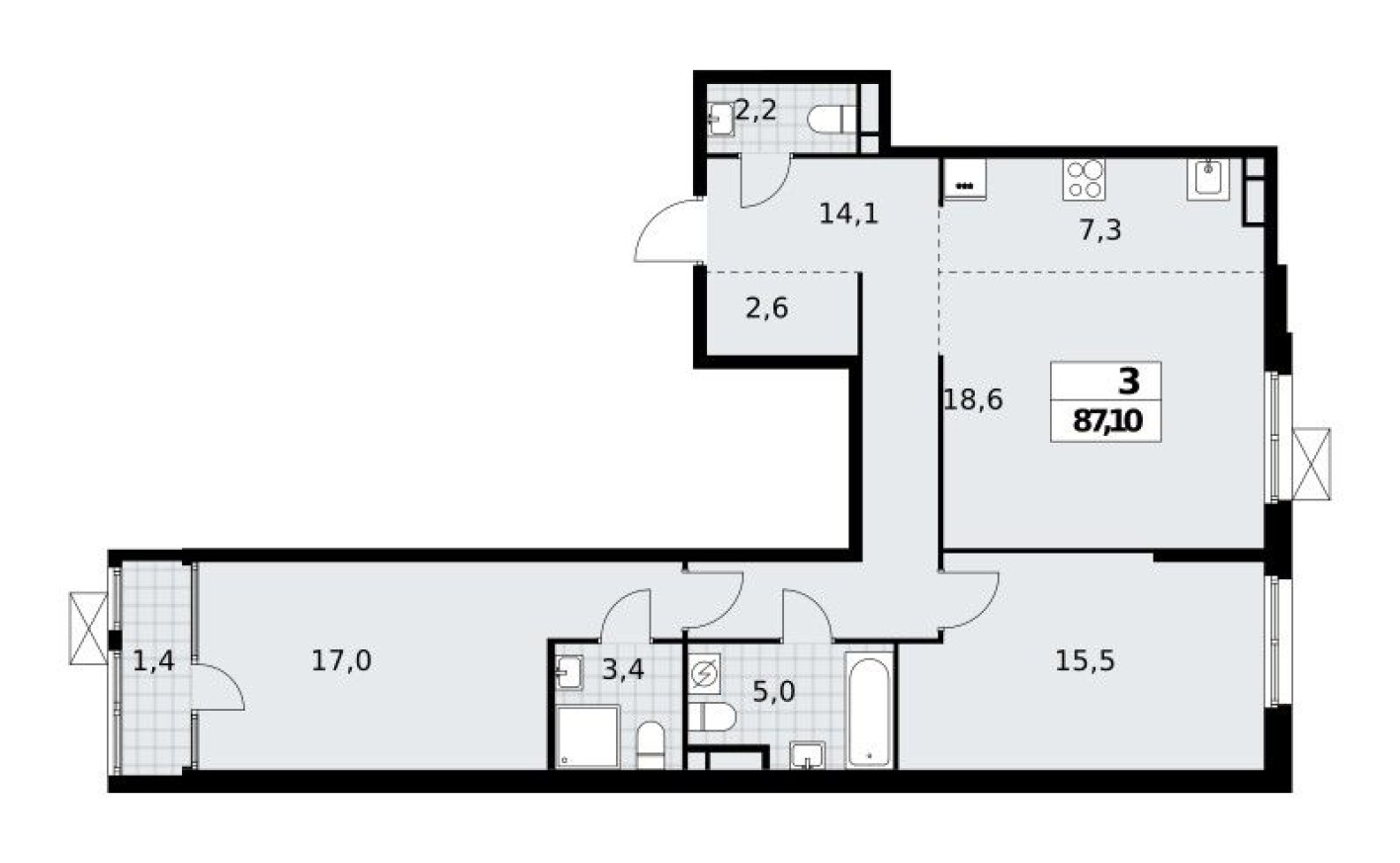 3к. квартира, 87.1 м²