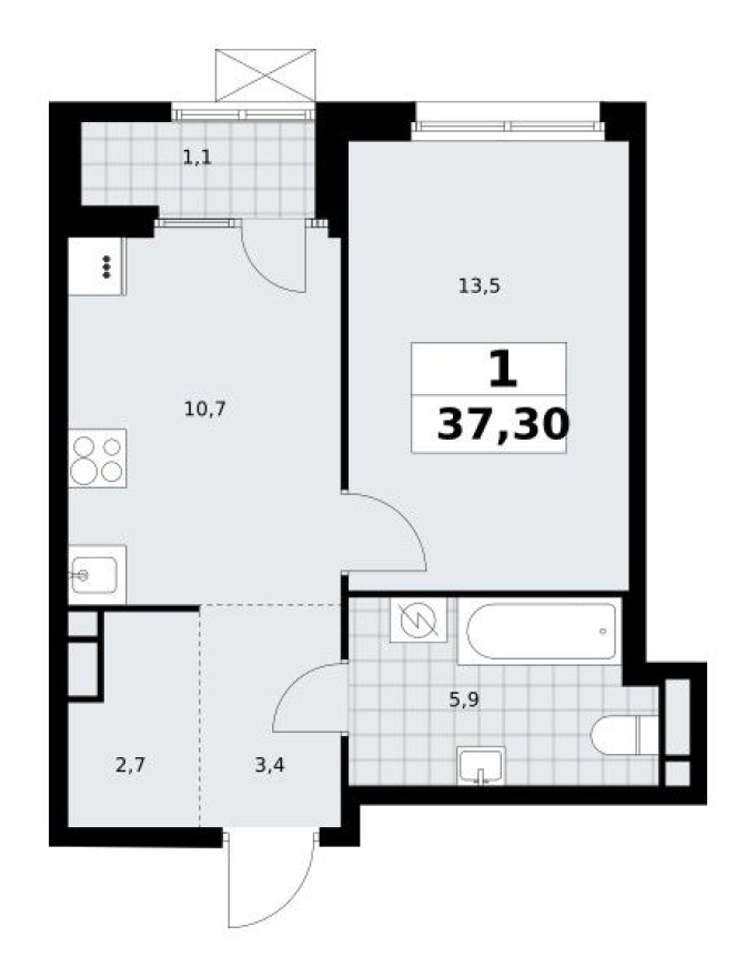1к. квартира, 37.3 м²