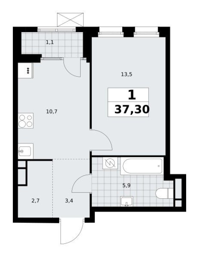 1к. квартира, 37.3 м²