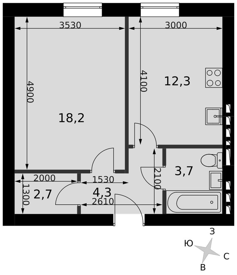 Планировка — 1к. квартира, 40.3 м²