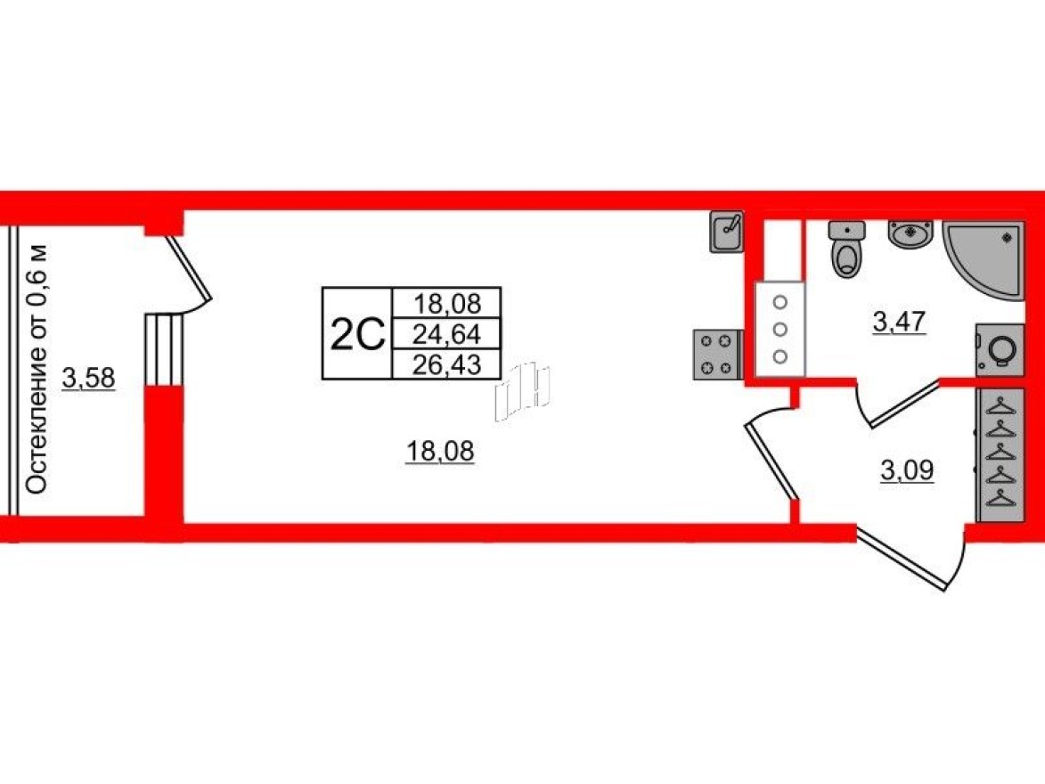 Студия-квартира, 24.6 м²