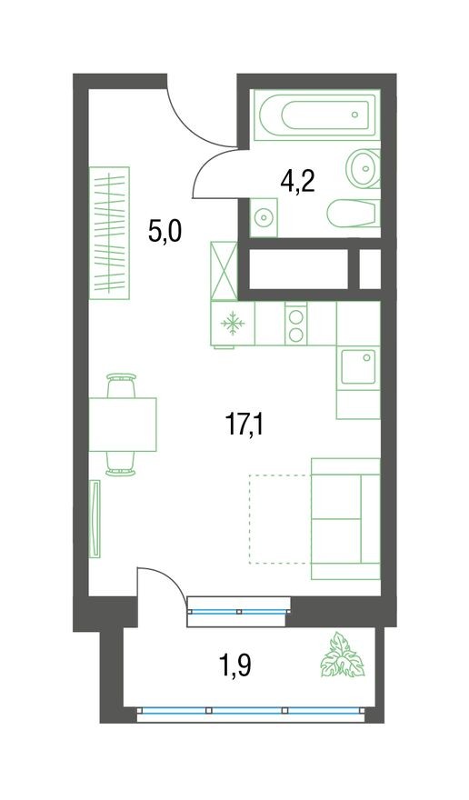9к. квартира, 28.1 м²