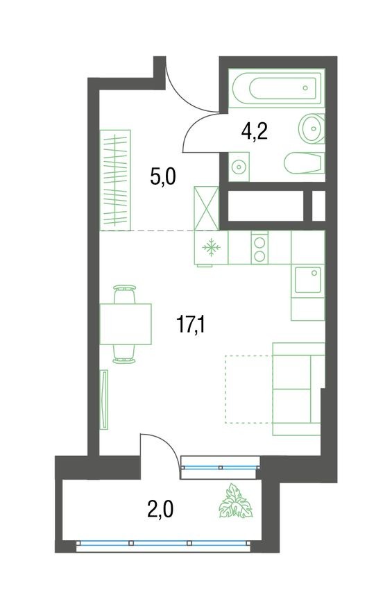 9к. квартира, 28.2 м²