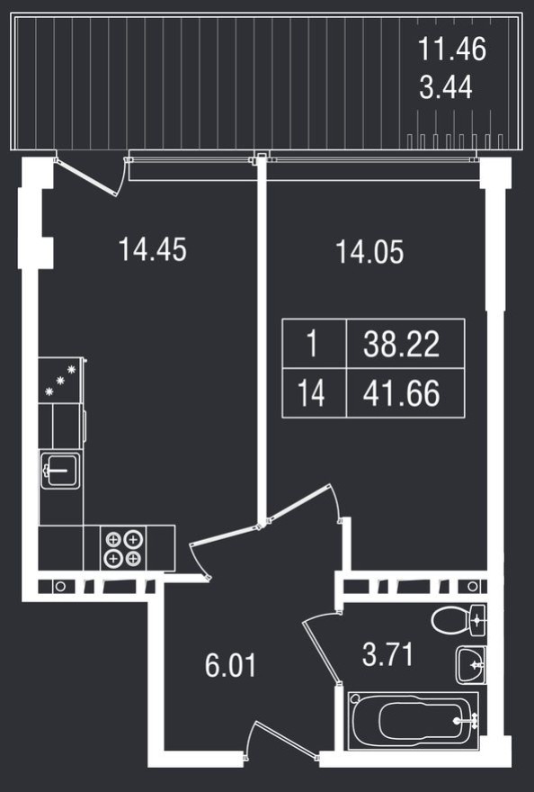 1к. апартаменты, 41.7 м²
