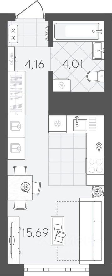 1к. квартира, 23.9 м²