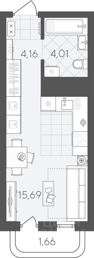 1к. квартира, 25.5 м²