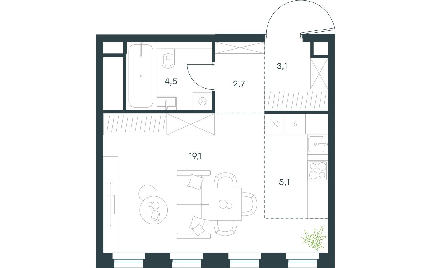 1к. квартира, 34.5 м²