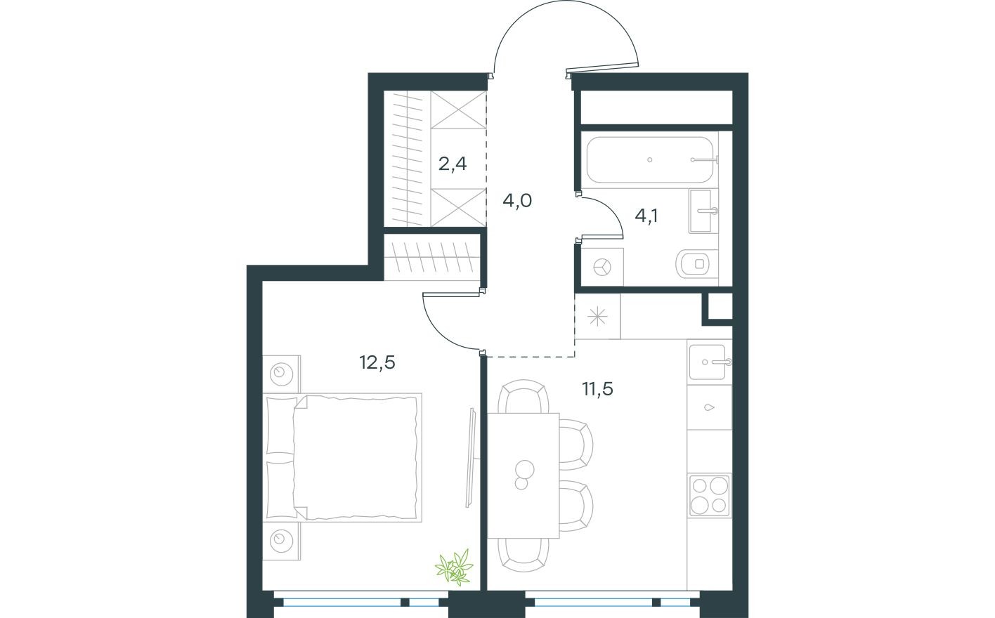 1к. квартира, 34.5 м²
