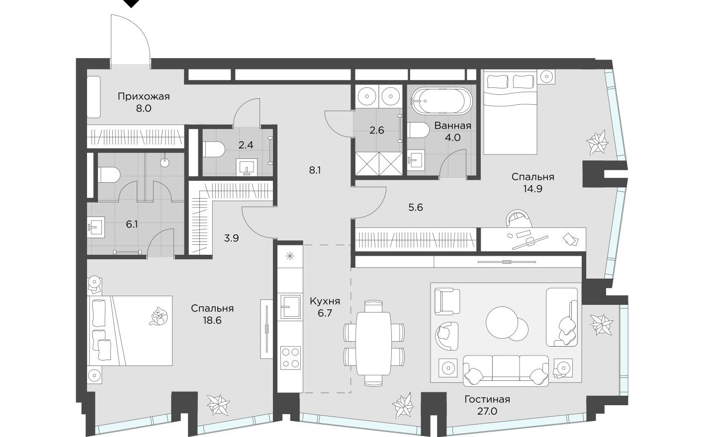 2к. квартира, 107.9 м²