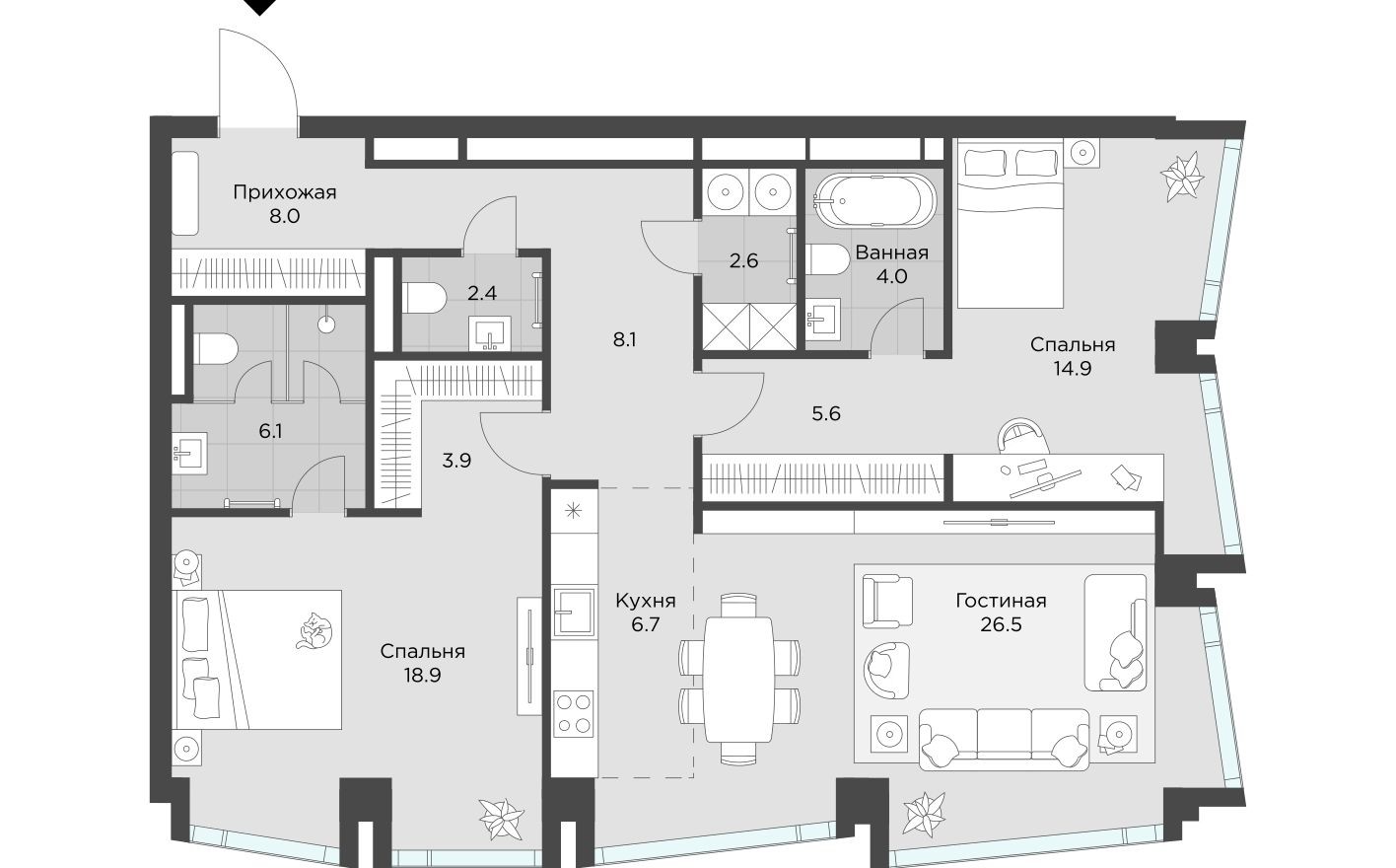 2к. квартира, 107.7 м²
