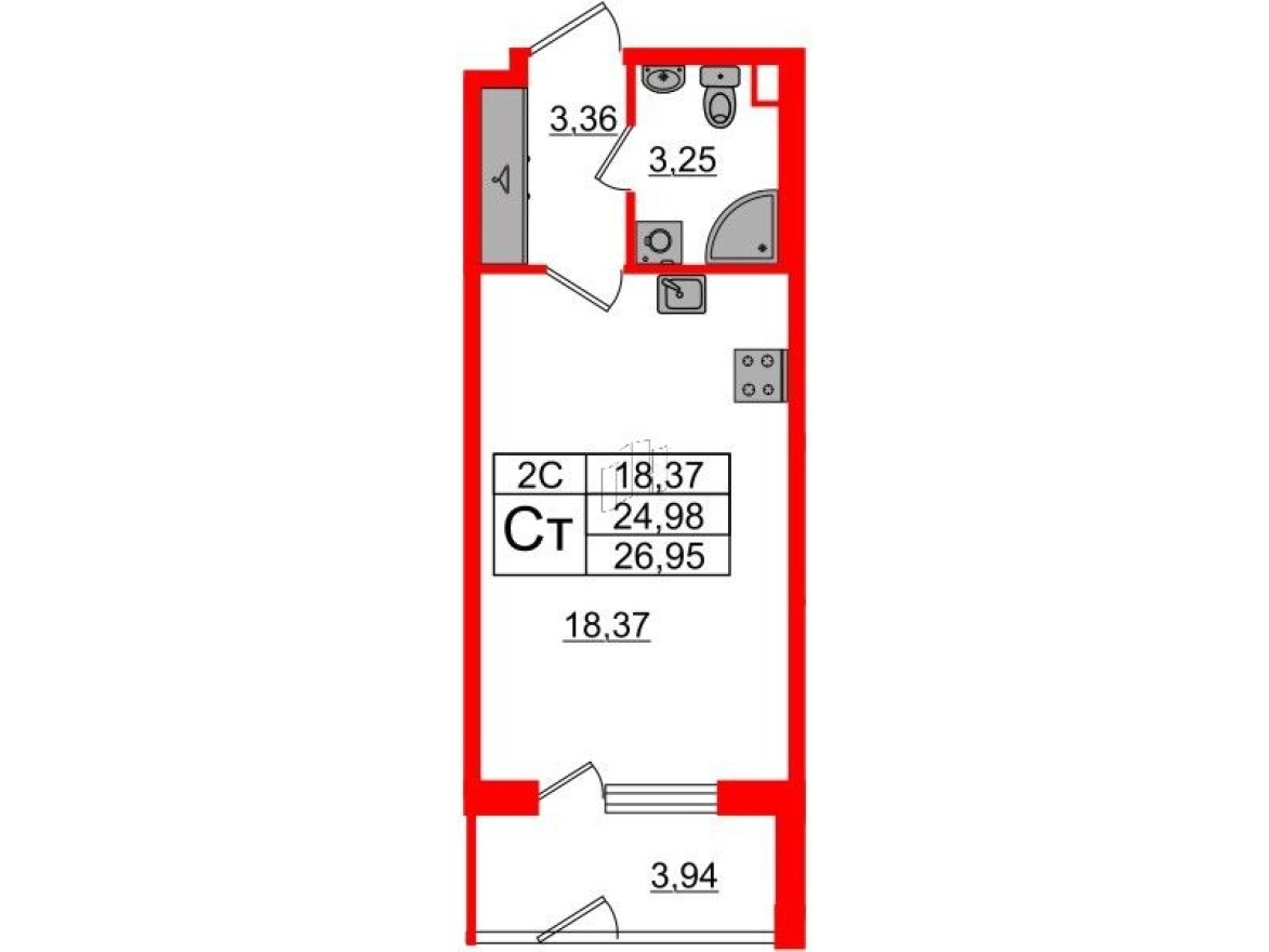 Студия-квартира, 25.0 м²