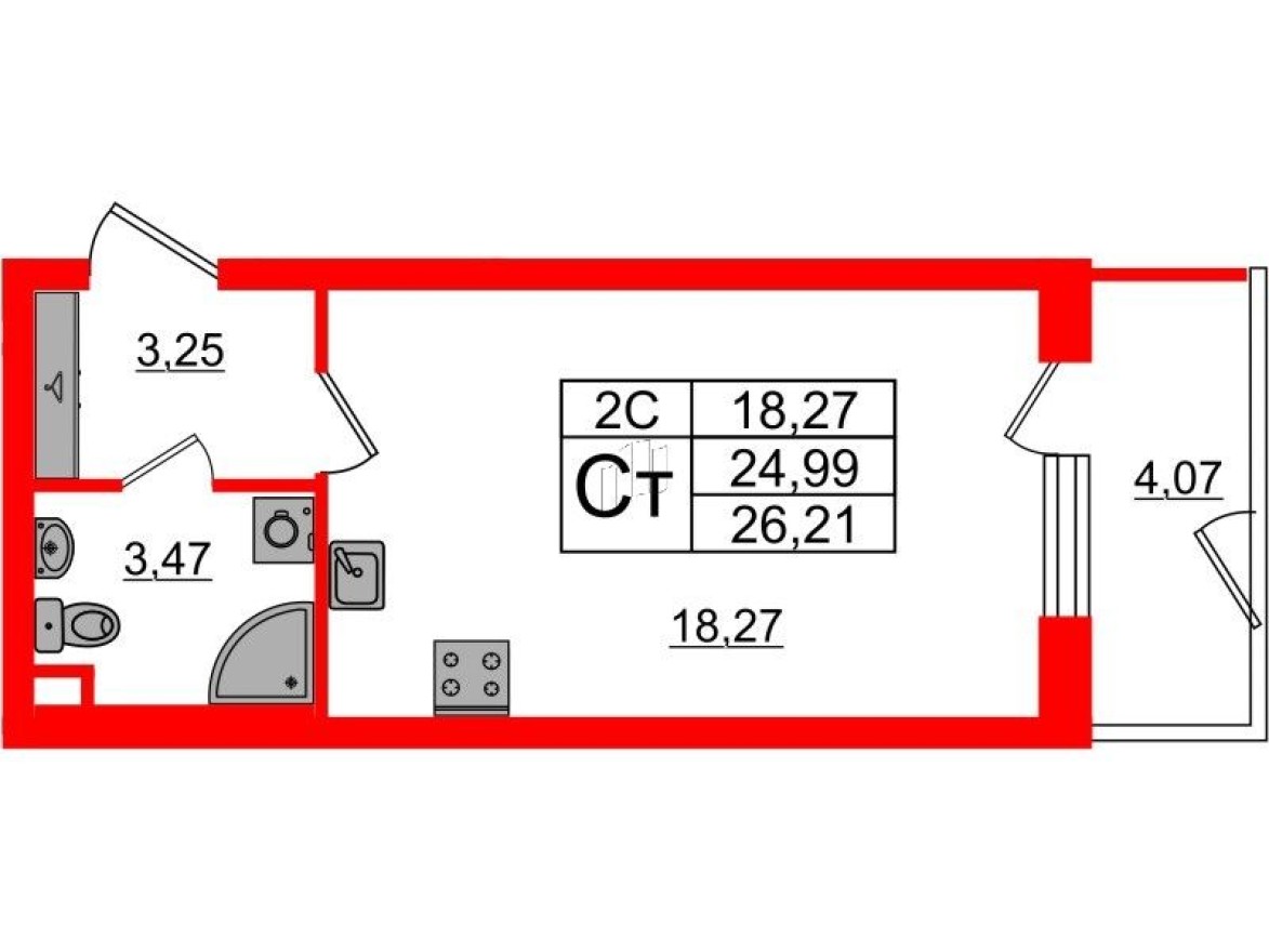 Студия-квартира, 25.0 м²