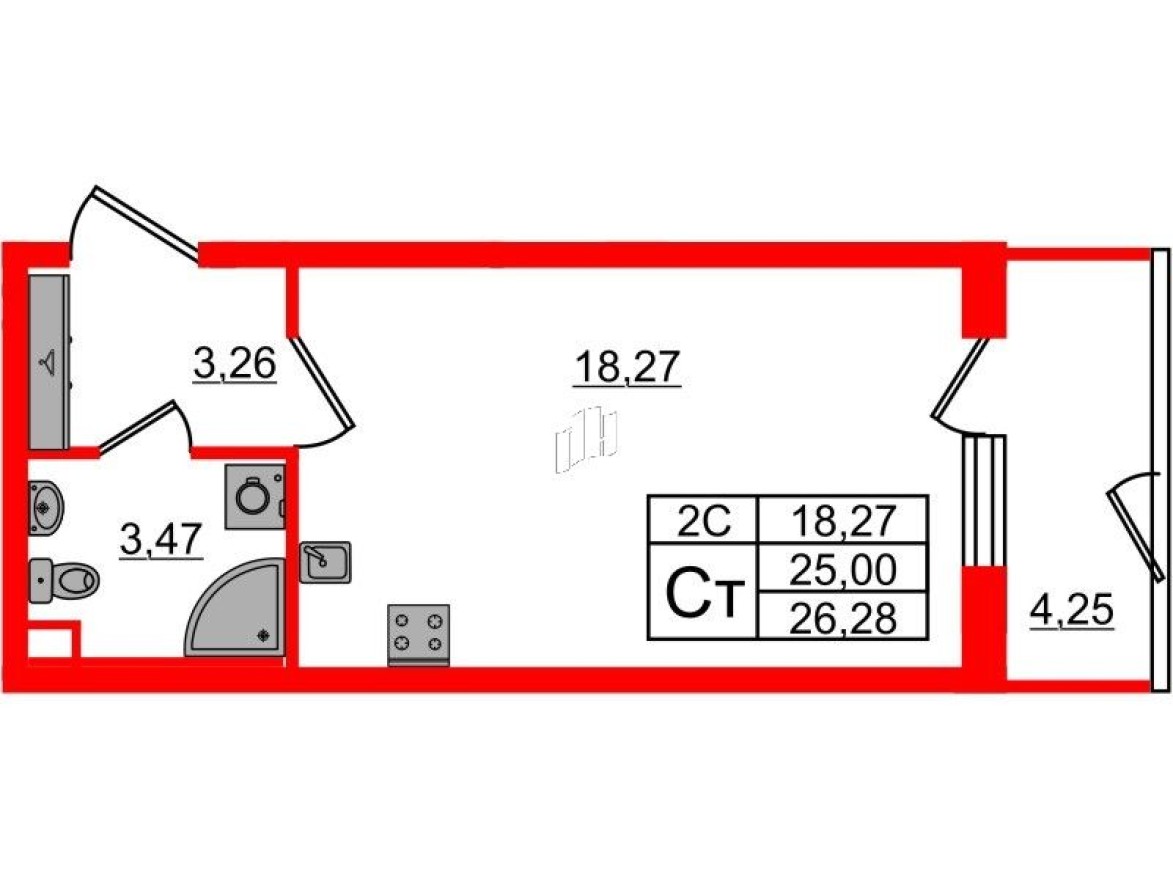 Студия-квартира, 25.0 м²