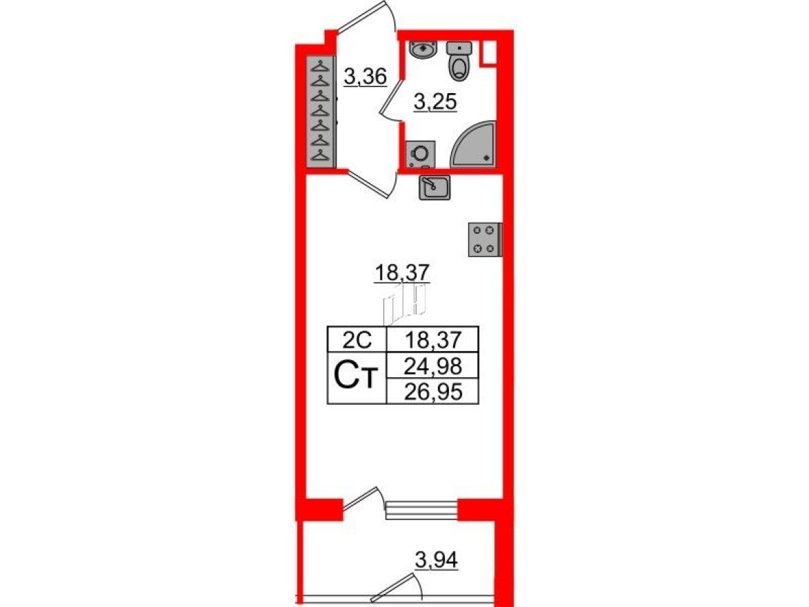Студия-квартира, 25.0 м²