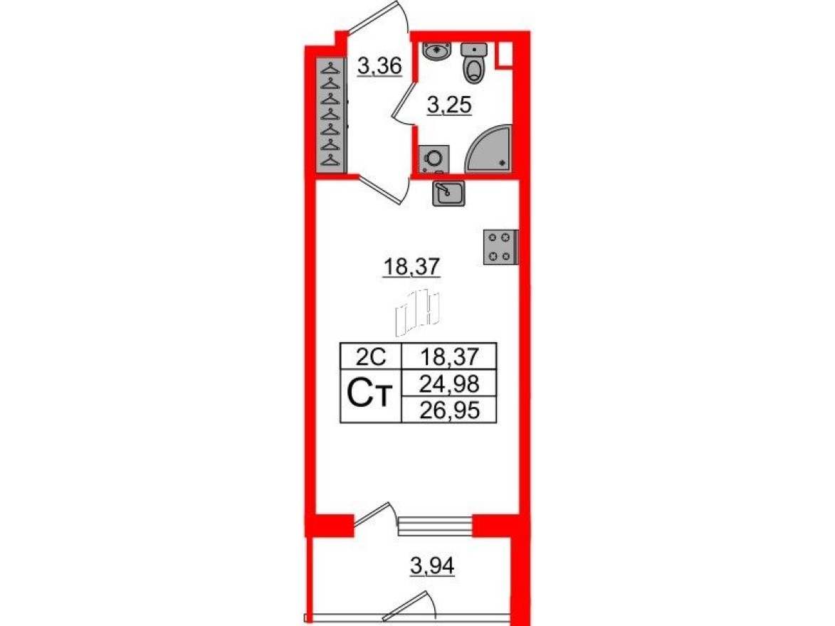 Студия-квартира, 25.0 м²