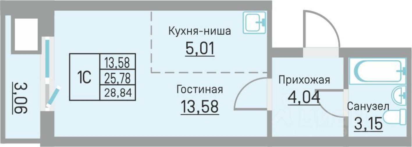 1к. квартира, 28.8 м²